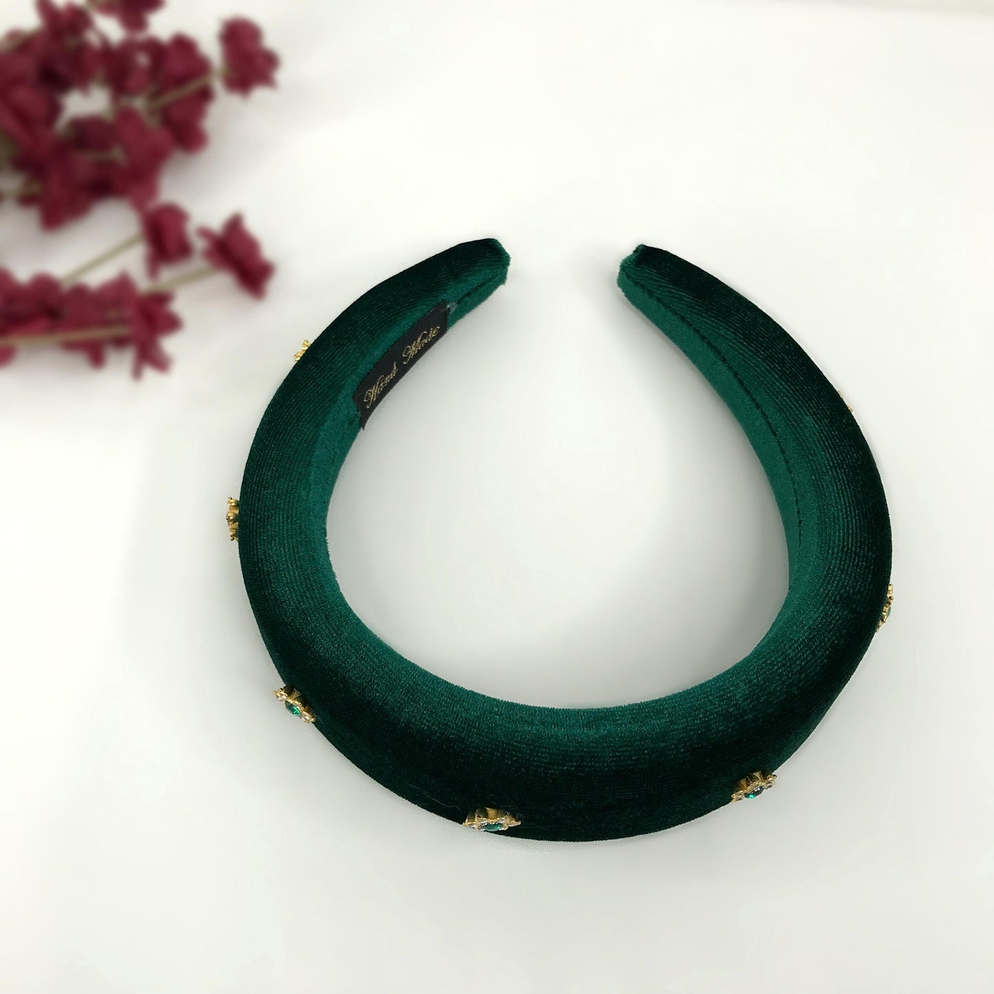 Handmade Green Velvet Gold Plated Clear Emerald Green Crystal Floral Flower Thick Statement Headband