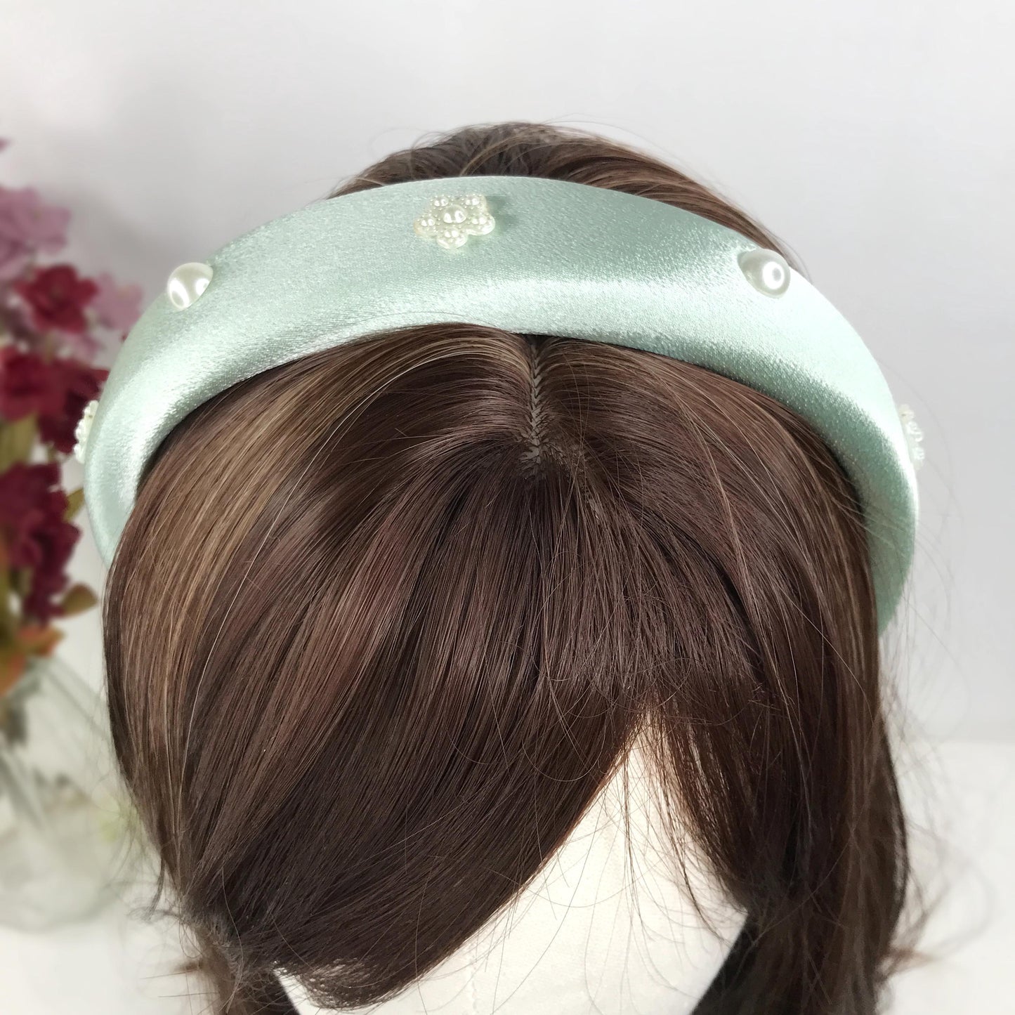 Handmade Mint Green Satin Faux Cream Pearl Round Circle Floral Flower Statement Headband