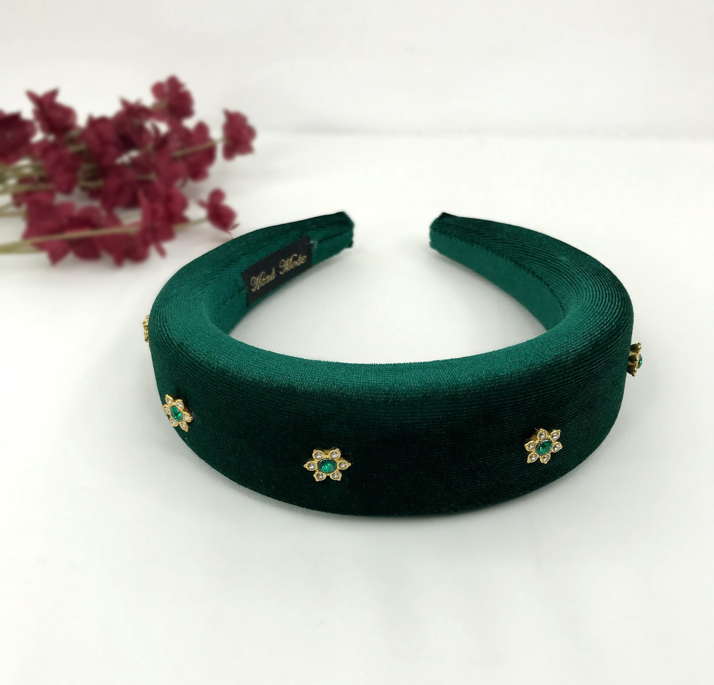 Handmade Green Velvet Gold Plated Clear Emerald Green Crystal Floral Flower Thick Statement Headband