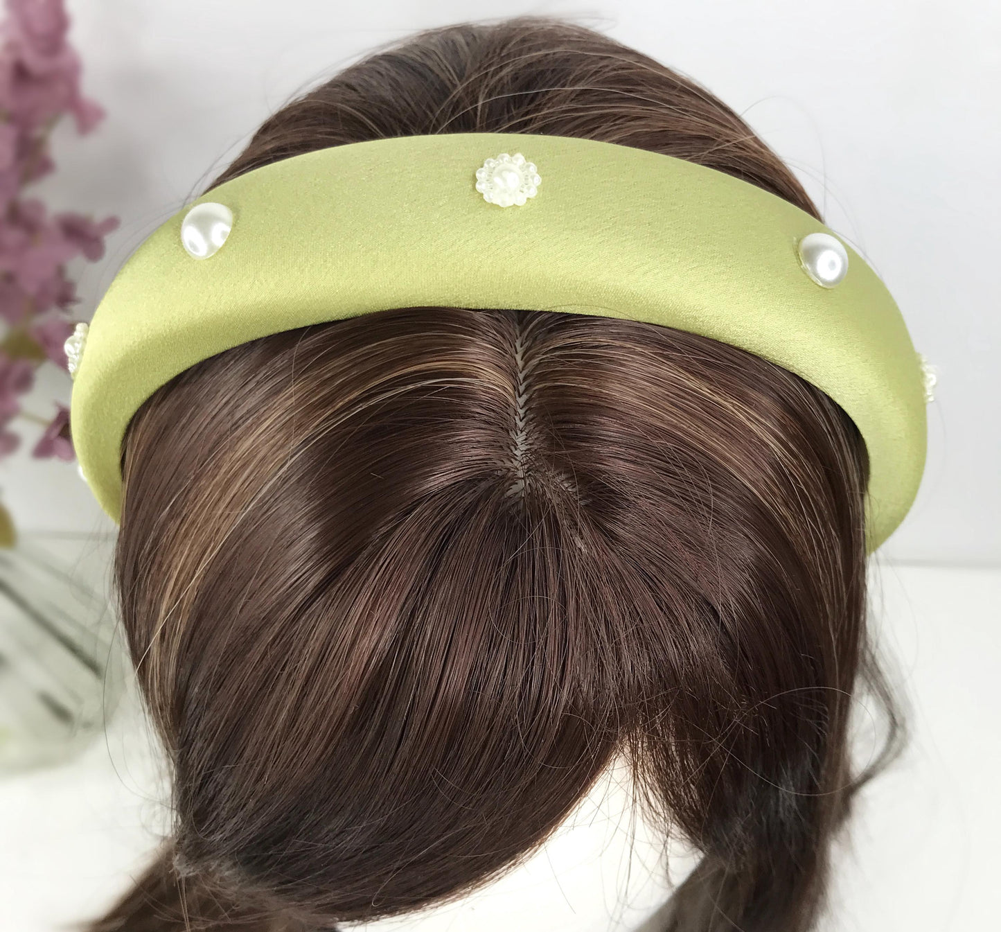 Handmade Light Olive Green Satin Faux Cream Pearl Round Circle Floral Flower Statement Headband