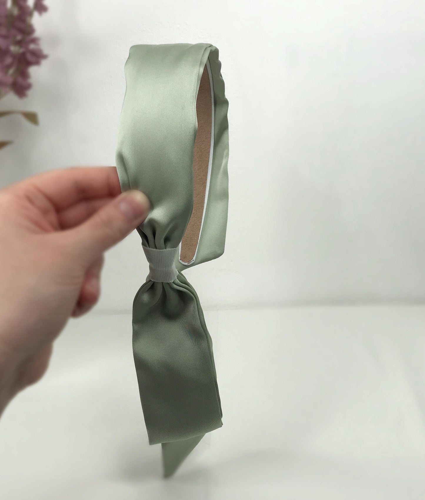 Handmade Sage Green Satin Side Flowing Ribbon Statement Feminine Headband Vintage 60s Audrey Hepburn Inspired