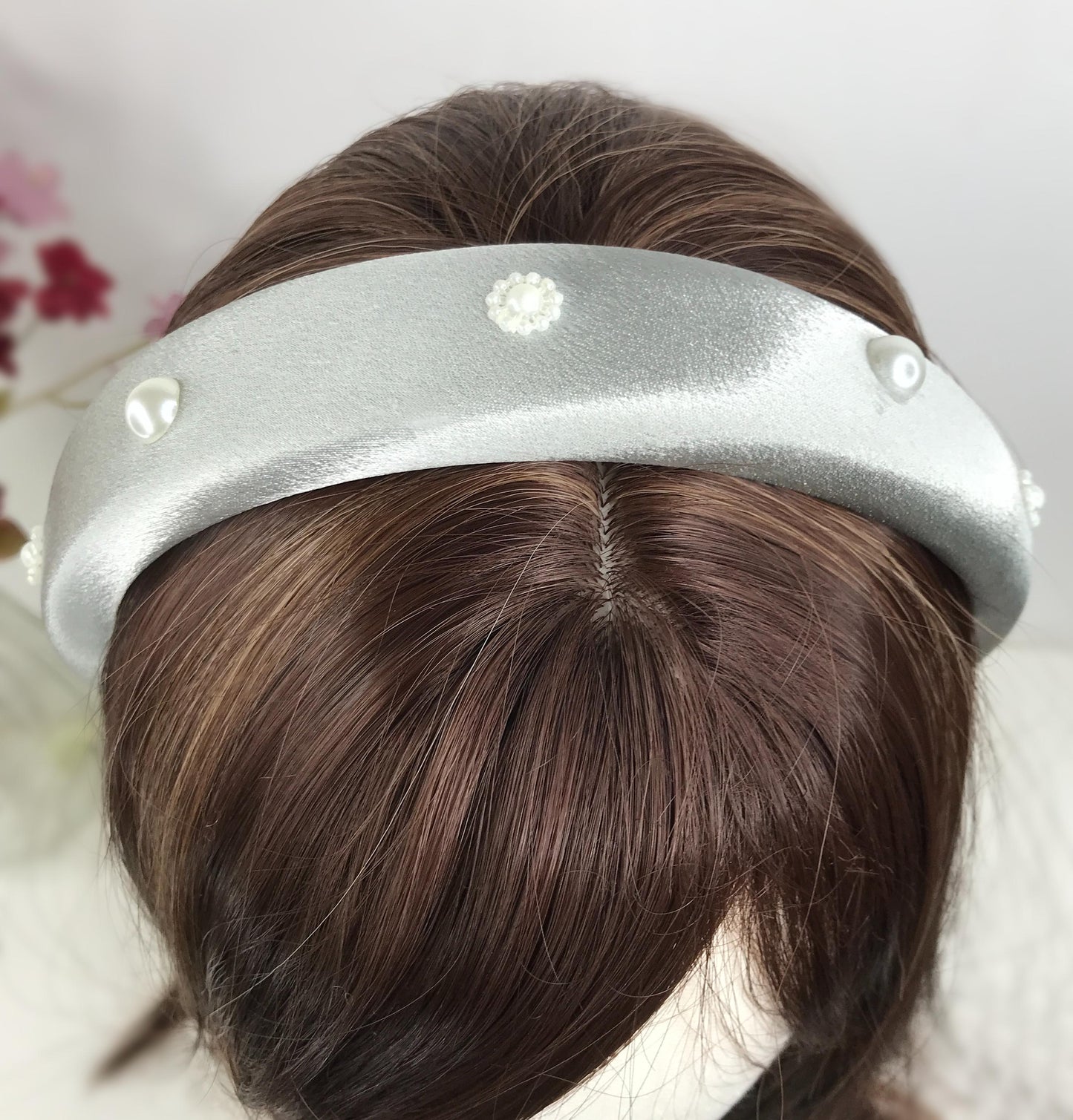 Handmade Silver Grey Satin Faux Cream Pearl Round Circle Floral Flower Statement Headband