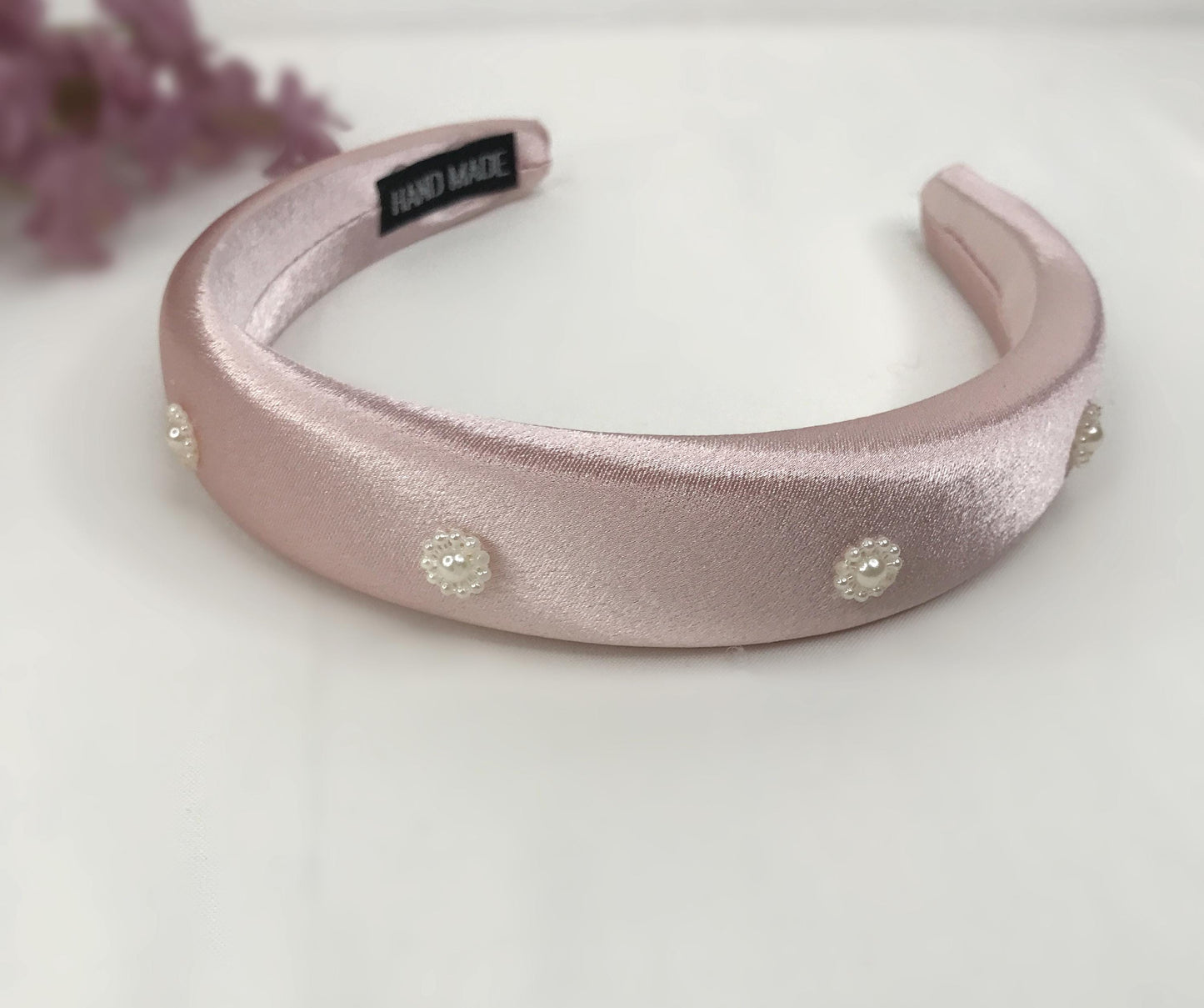 Handmade Light Pink Satin Faux Cream Pearl Floral Flower Feminine Statement Headband