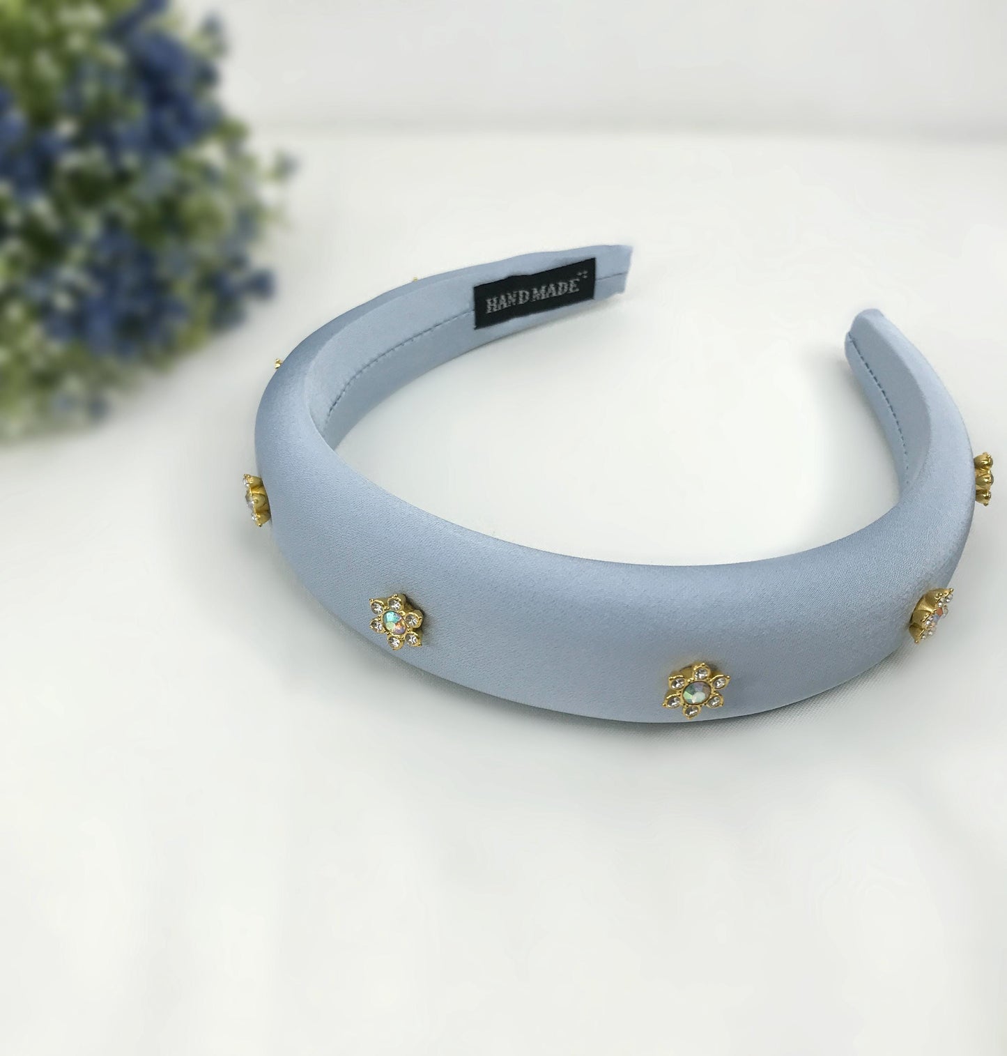 Handmade Powder Blue Satin Aurora Borealis Gold Plated Crystal Floral Flower Statement Headband