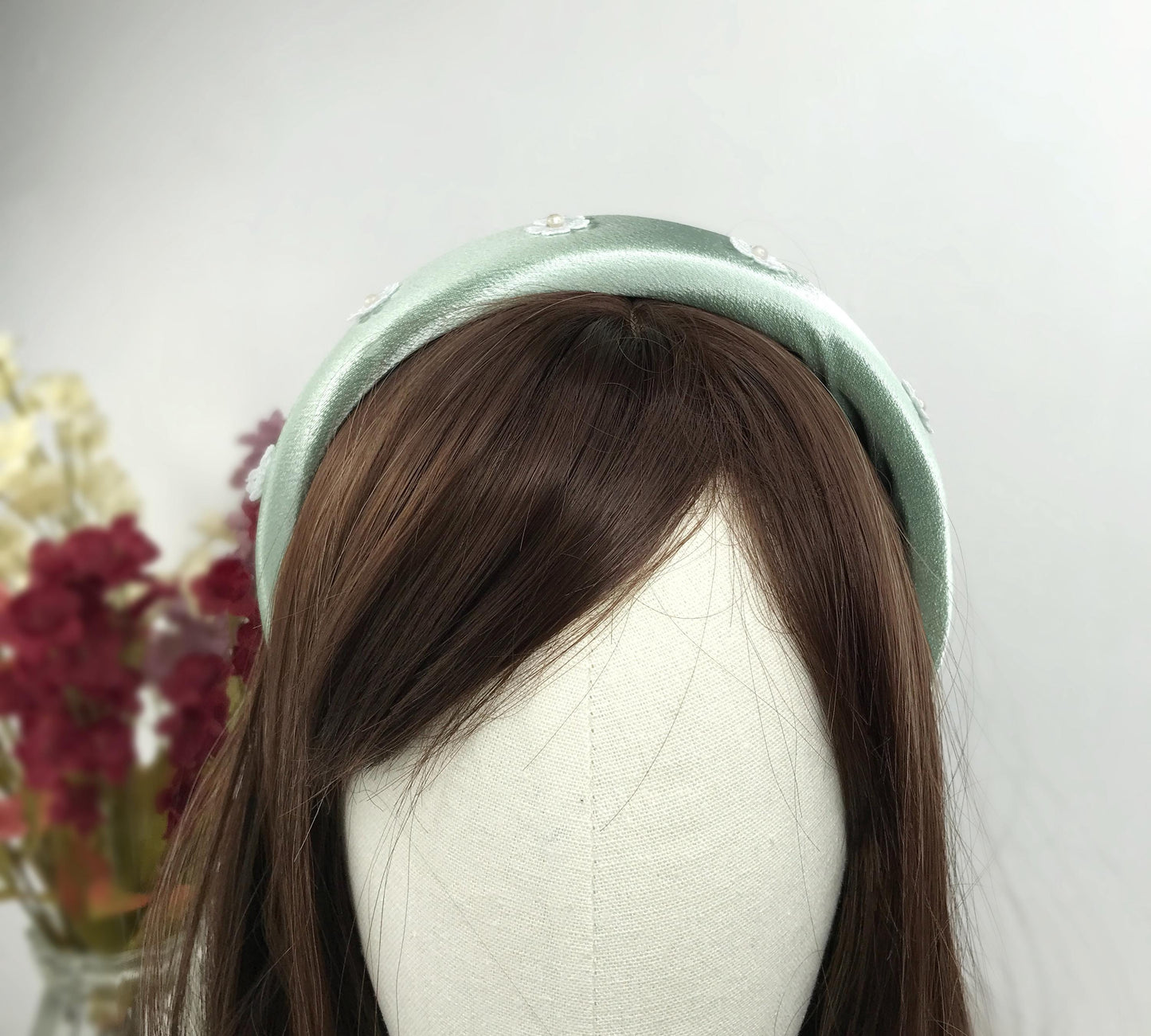 Handmade Mint Green Satin Faux Cream Pearl Round Circle Vintage White Lace Floral Flower Statement Headband