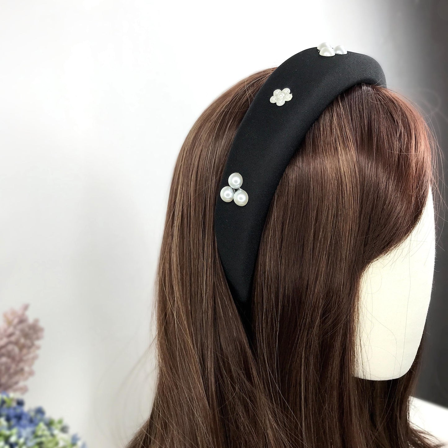 Handmade Black Satin Round Circle Faux Cream Three Pearl Floral Flower Thick Statement Tudor Headband Anne Boleyn Inspired