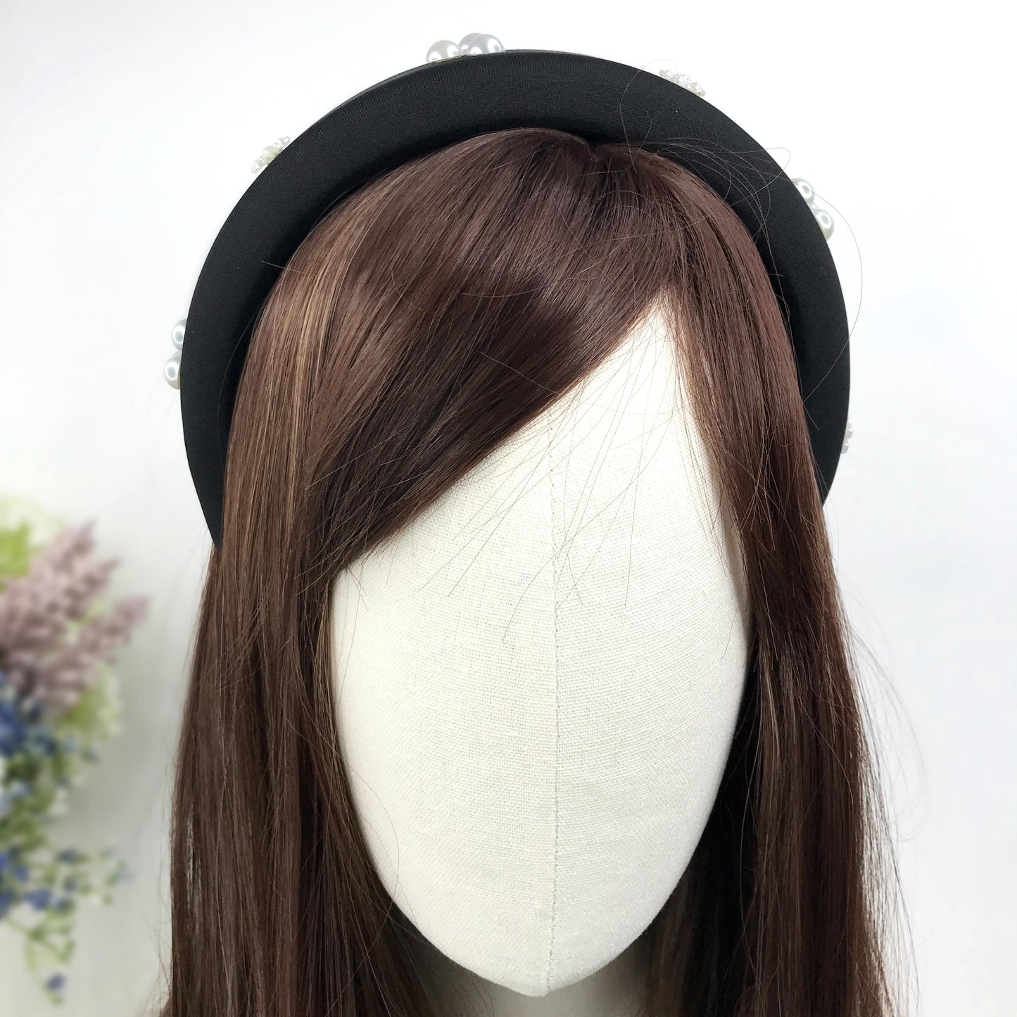 Handmade Black Satin Round Circle Faux Cream Three Pearl Floral Flower Thick Statement Tudor Headband Anne Boleyn Inspired