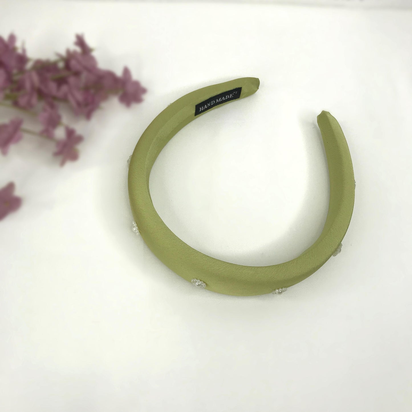 Handmade Light Olive Green Satin Faux Cream Pearl Floral Flower Statement Headband