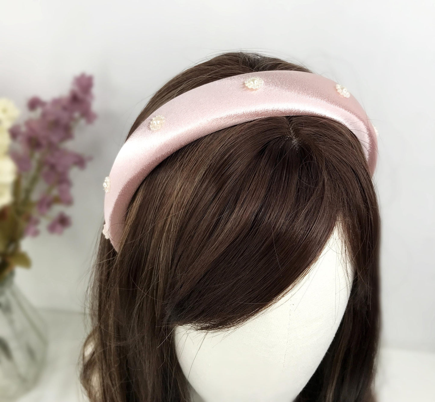 Handmade Light Pink Satin Faux Cream Pearl Floral Flower Feminine Statement Headband