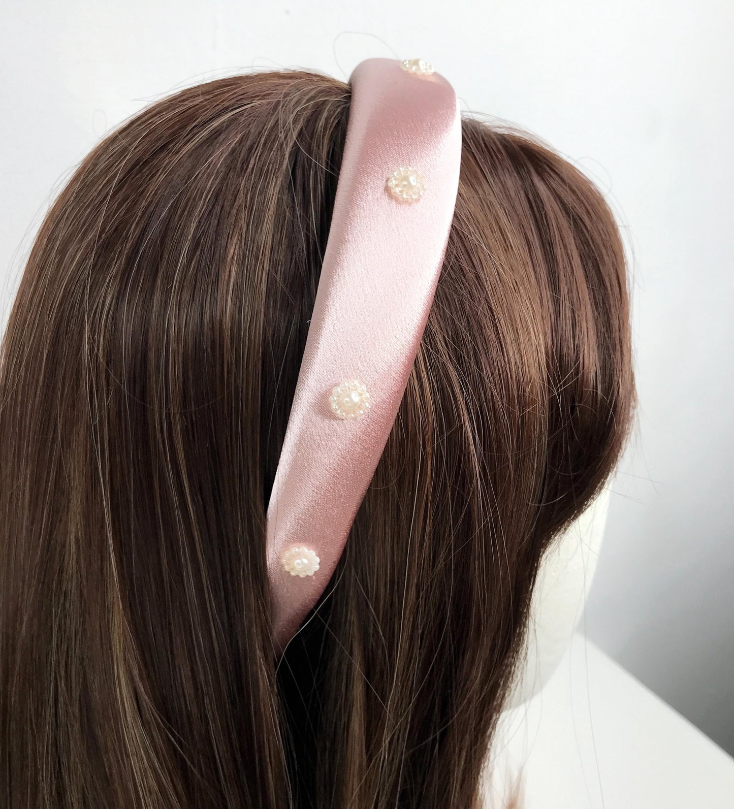Handmade Light Pink Satin Faux Cream Pearl Floral Flower Feminine Statement Headband