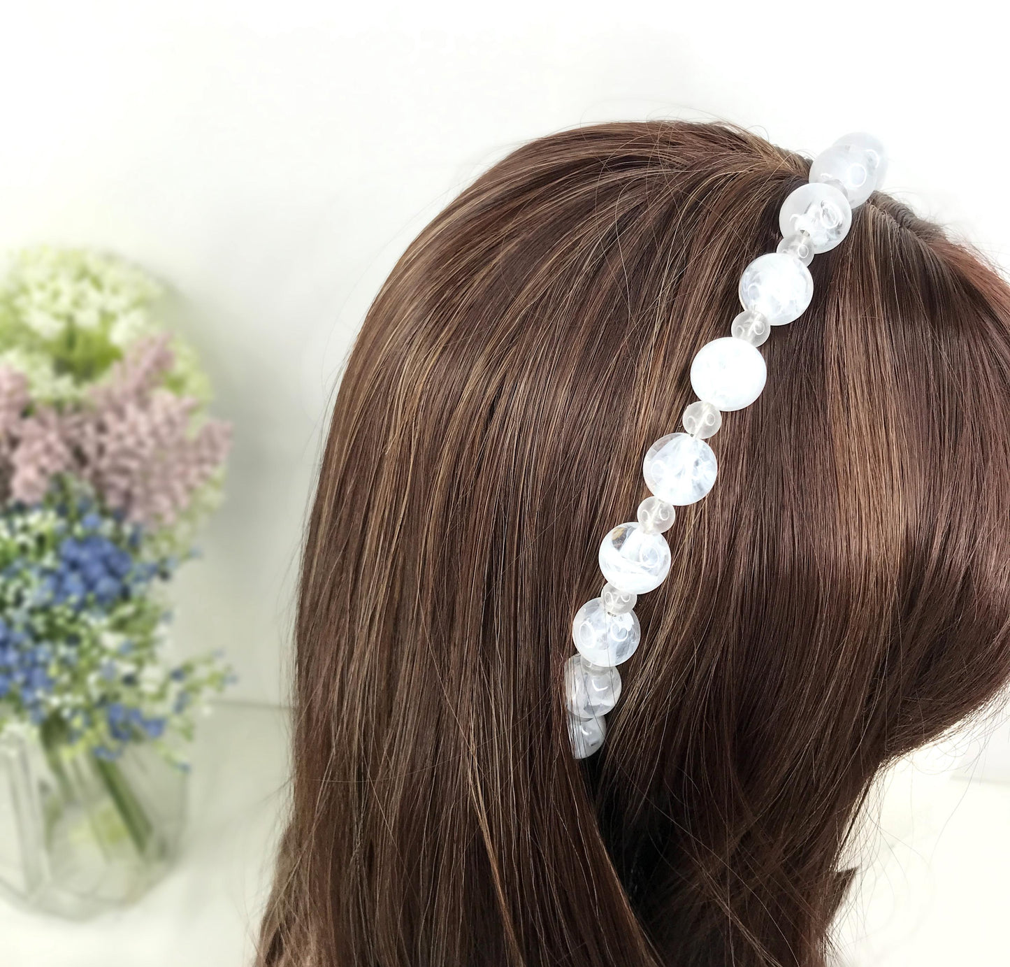 Handmade White Round Circle Marble Effect Resin Beads Statement Headband