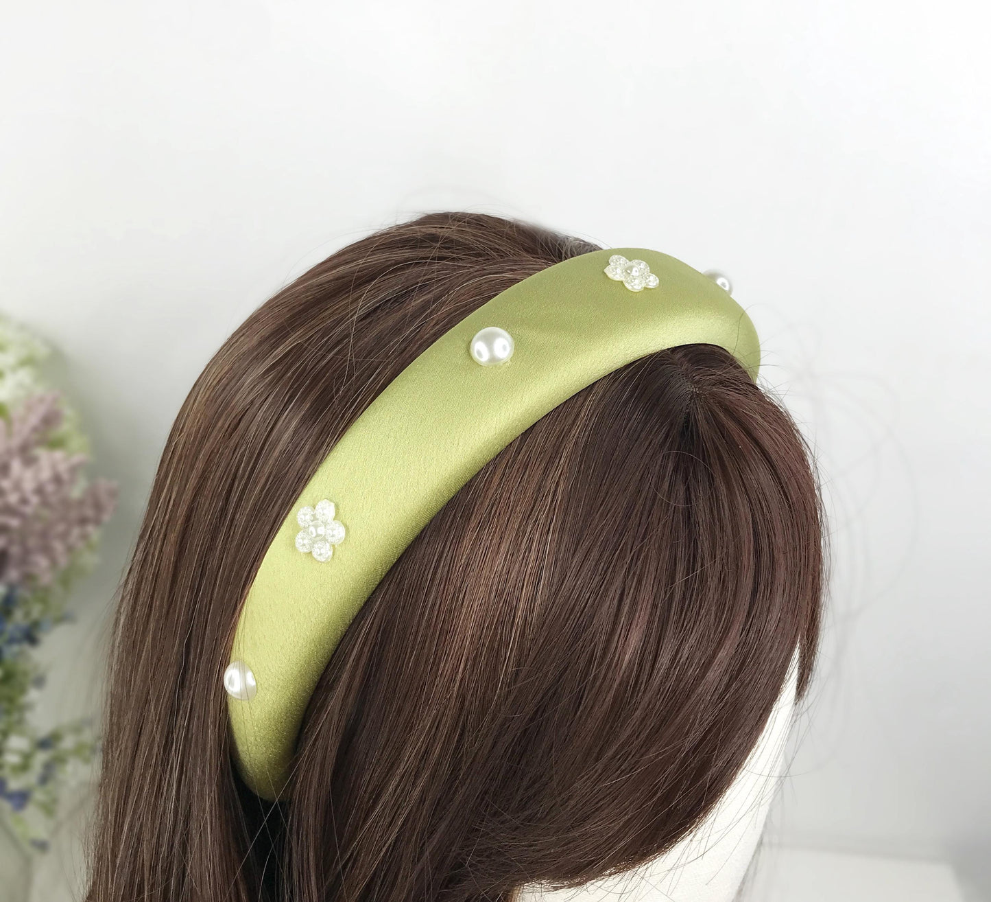 Handmade Light Olive Green Satin Faux Cream Pearl Round Circle Floral Flower Statement Headband