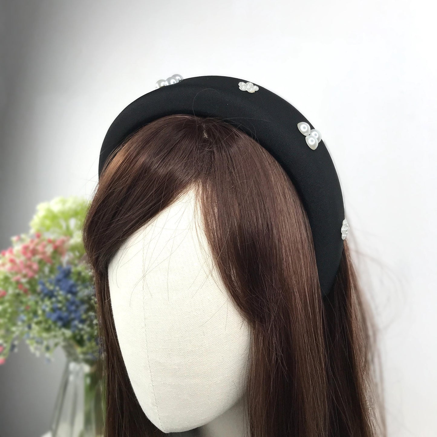 Handmade Black Satin Round Circle Faux Cream Three Pearl Floral Flower Thick Statement Tudor Headband Anne Boleyn Inspired
