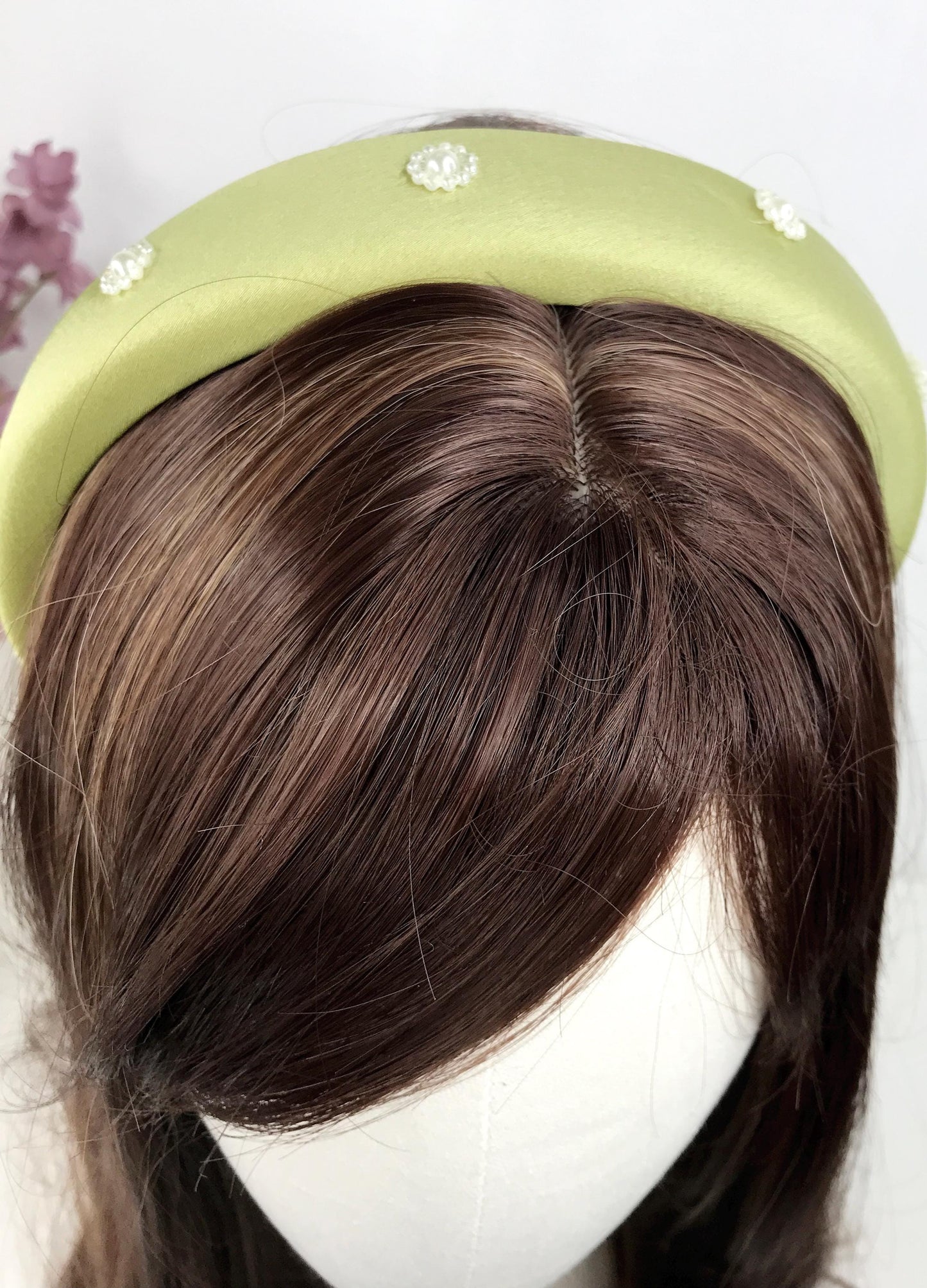 Handmade Light Olive Green Satin Faux Cream Pearl Floral Flower Statement Headband