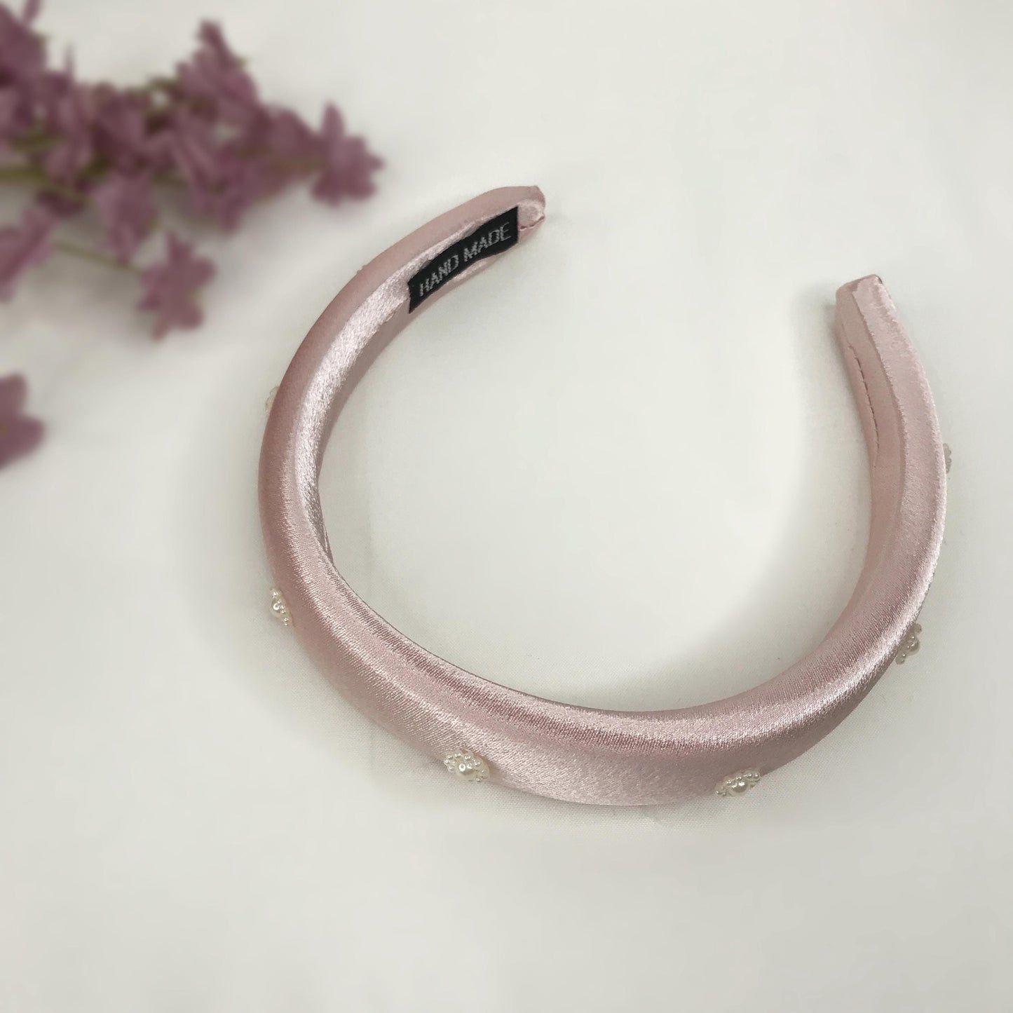 Handmade Light Pink Satin Faux Cream Pearl Floral Flower Feminine Statement Headband