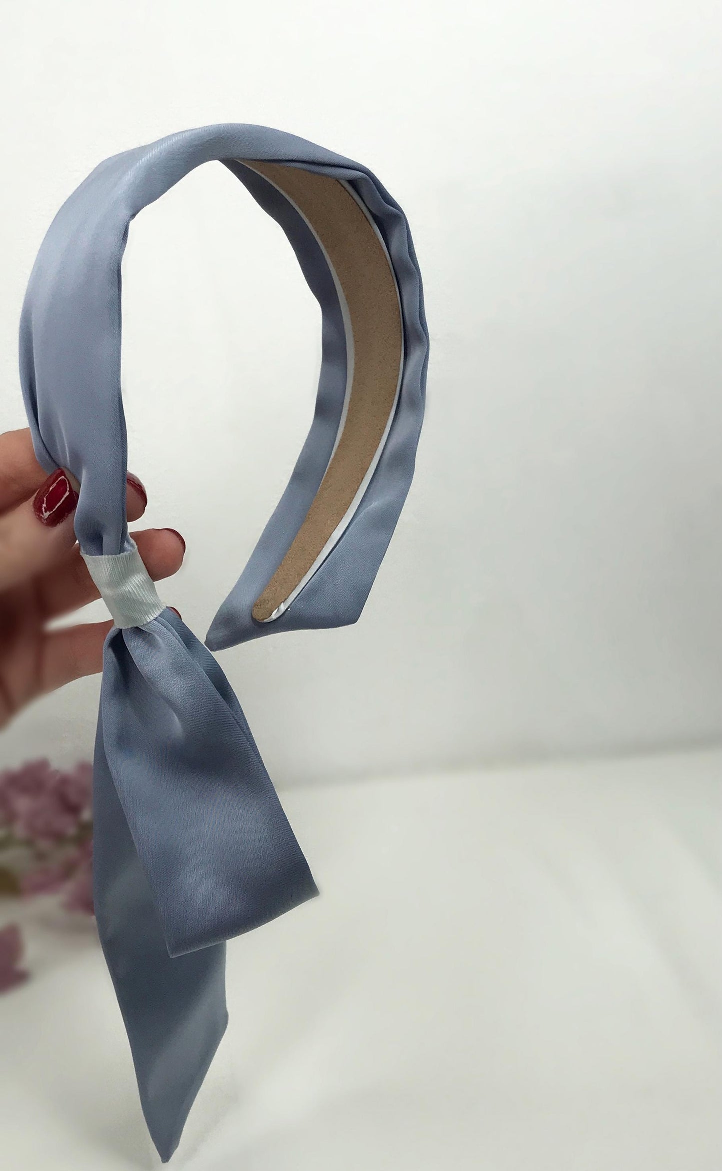Handmade Periwinkle Blue Satin Side Flowing Ribbon Statement Feminine Headband Vintage 60s Audrey Hepburn Inspired
