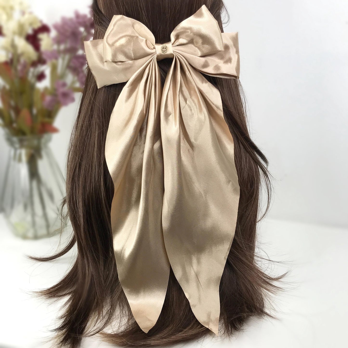 Handmade Beige Satin Brown Small Dainty Victorian Style Cameo Feminine Oversized Large Statement Ribbon Bow Barrette Hair Clip
