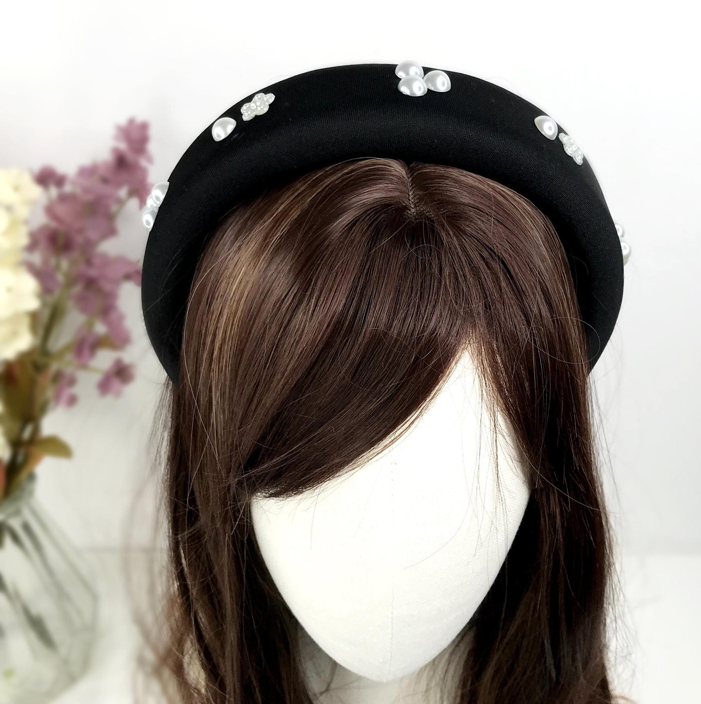Handmade Black Satin Round Circle Faux Cream Three Pearl Floral Flower Thick Statement Tudor Headband Anne Boleyn Inspired
