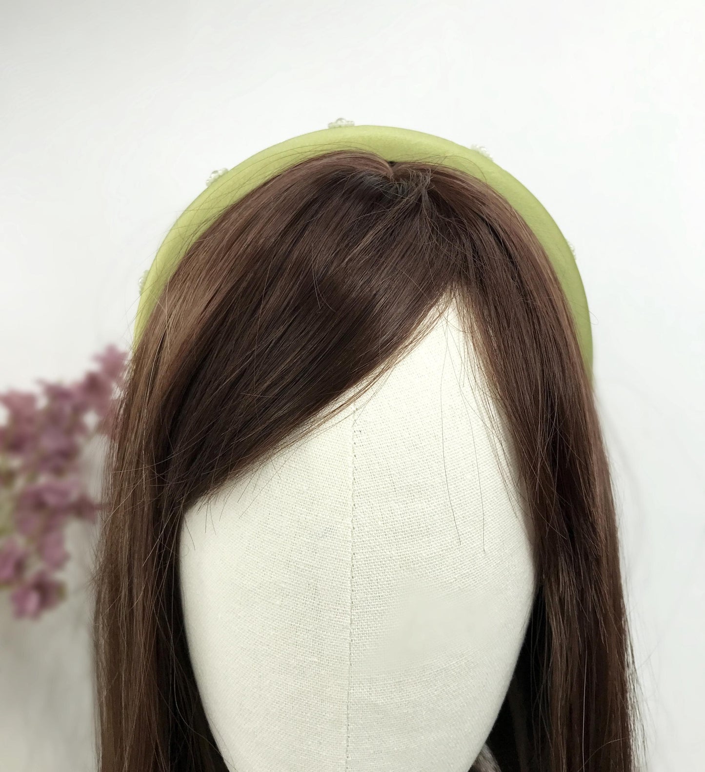 Handmade Light Olive Green Satin Faux Cream Pearl Floral Flower Statement Headband