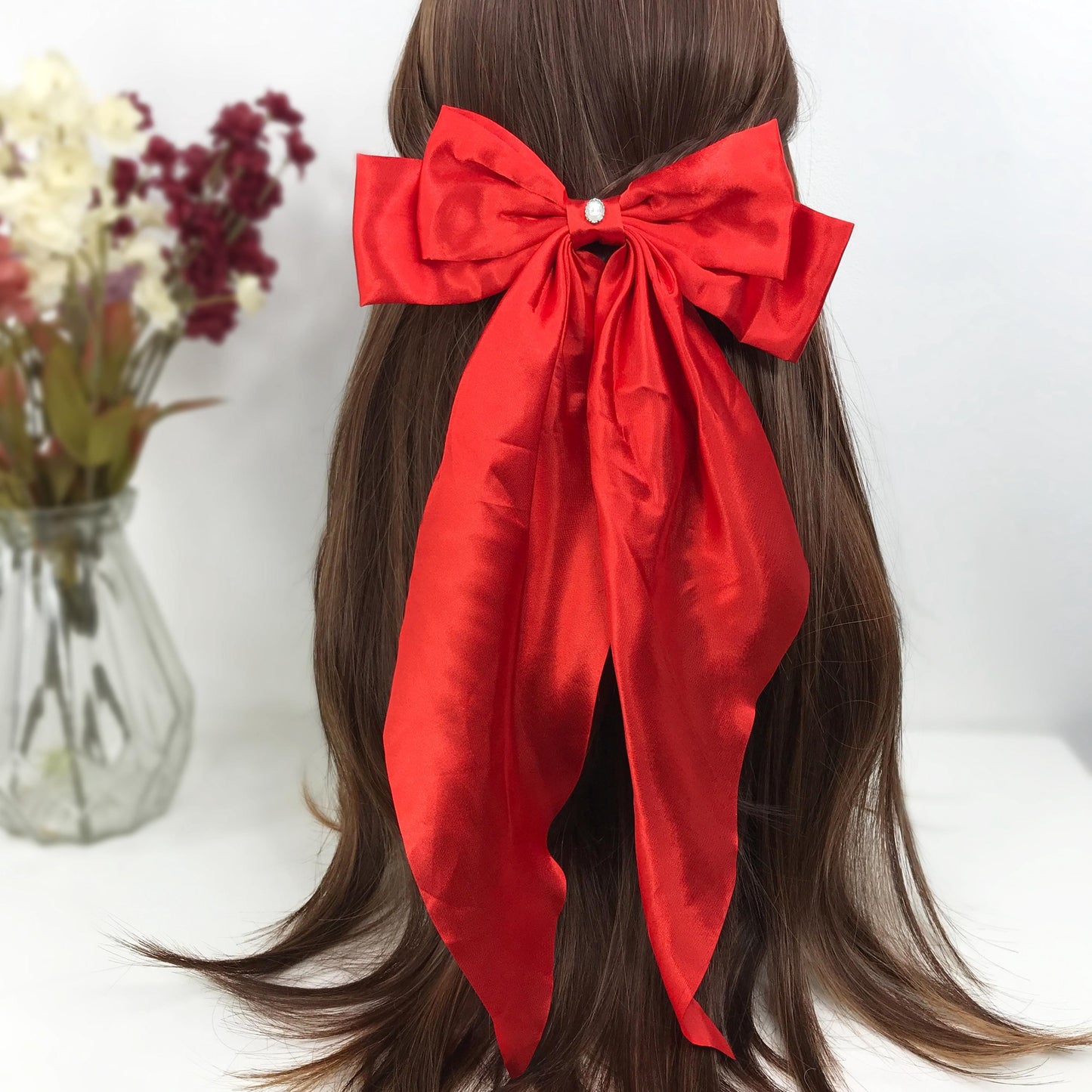 Handmade Red Satin White Small Dainty Victorian Style Cameo Feminine Oversized Large Statement Ribbon Bow Barrette Hair Clip
