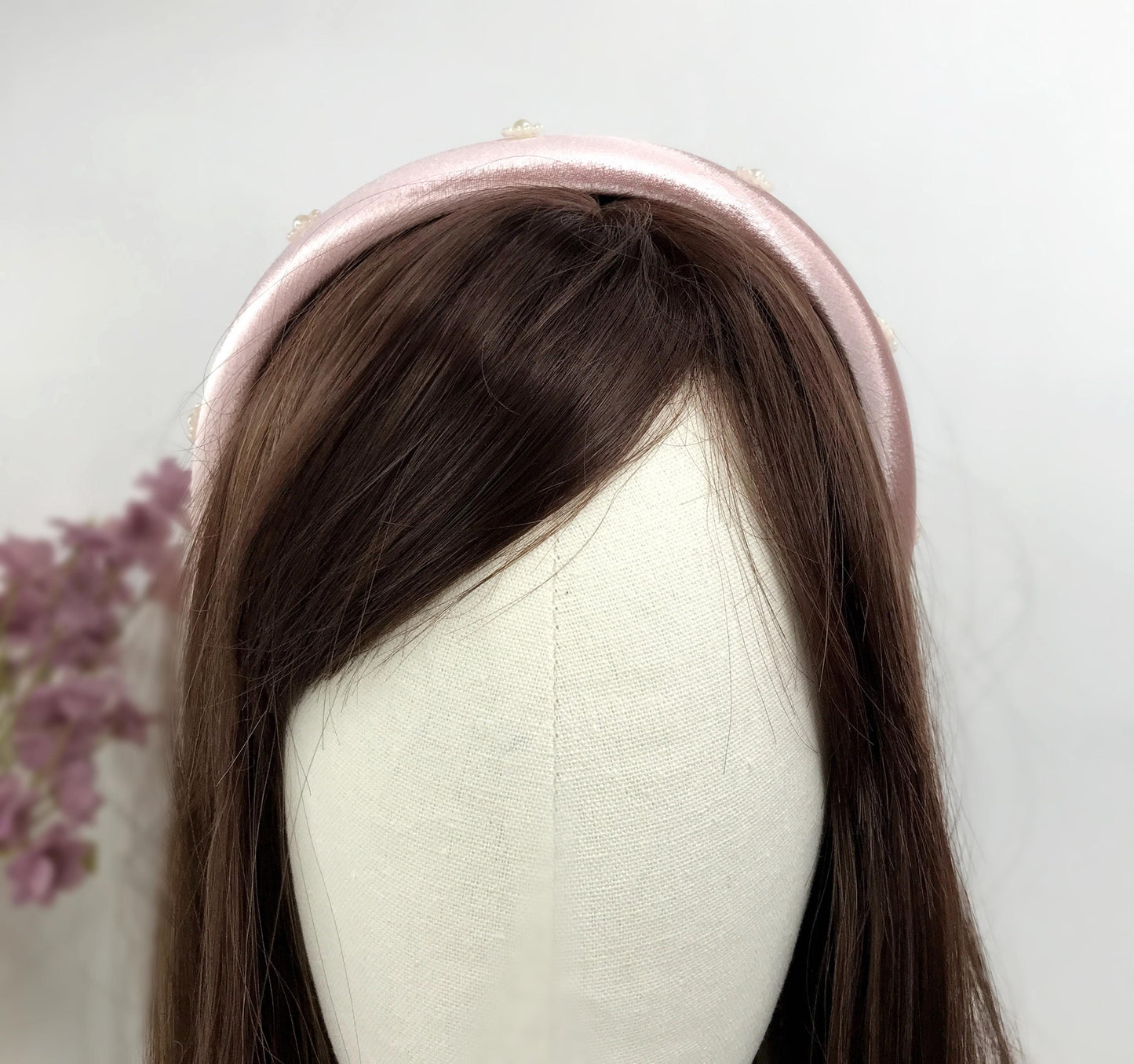 Handmade Light Pink Satin Faux Cream Pearl Floral Flower Feminine Statement Headband