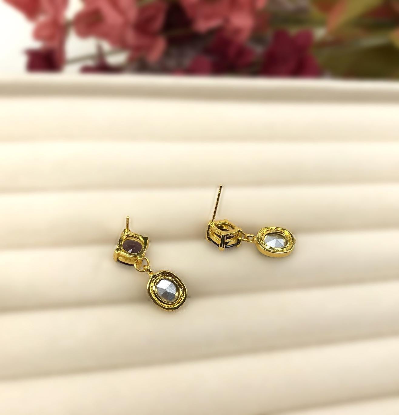 Handmade Green Purple Diamond Shape Oval Crystal Dangly Drop Stud Earrings