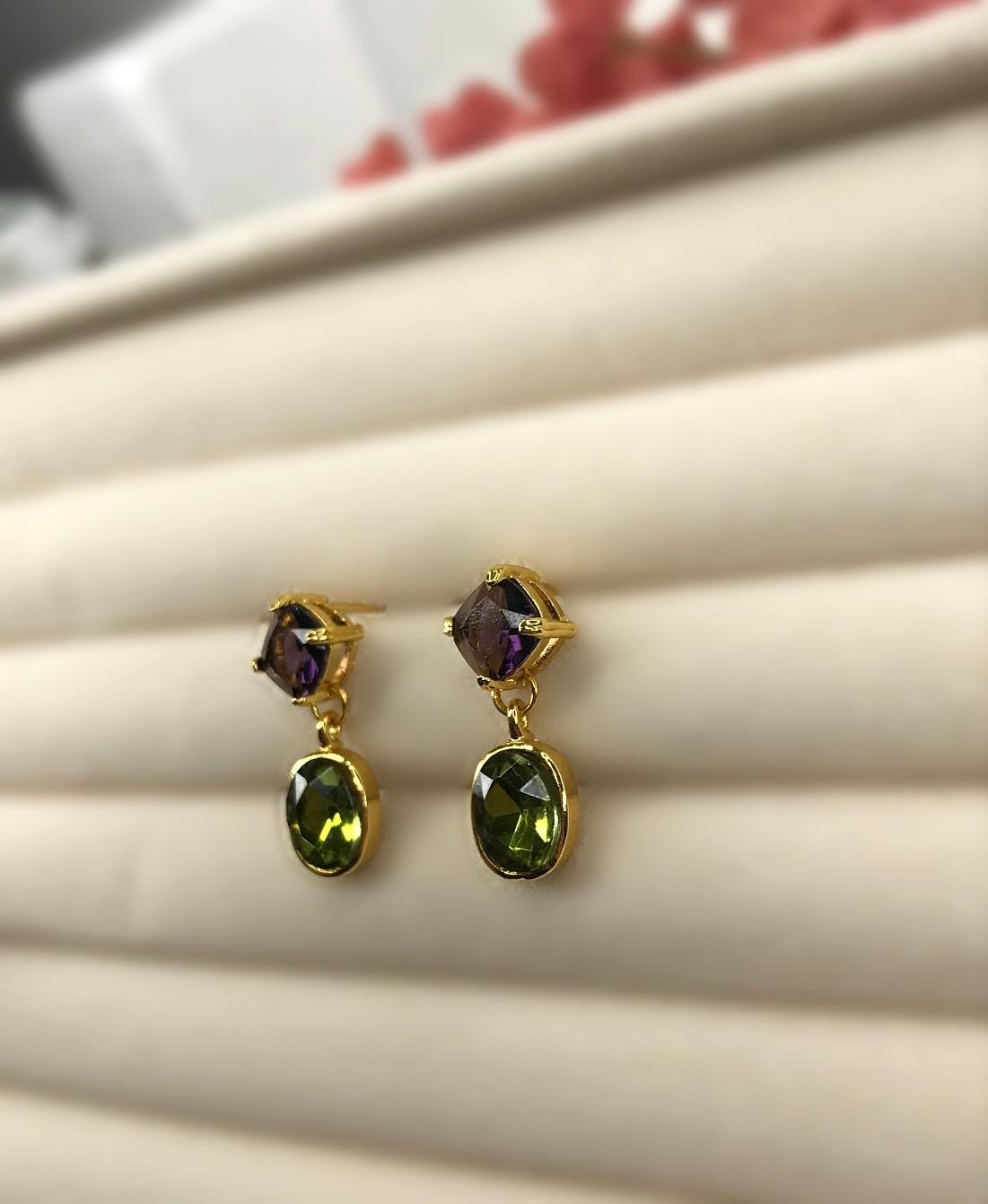 Handmade Green Purple Diamond Shape Oval Crystal Dangly Drop Stud Earrings