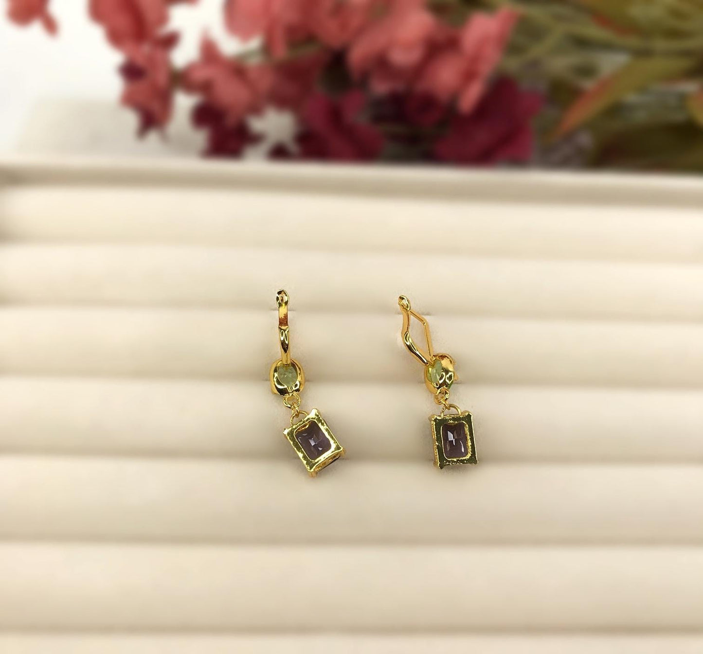 Handmade Light Green Purple Oval Square Crystal Dangly Drop Latch Back Earrings