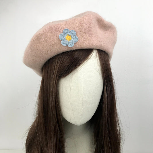 Light Pink Wool Blue Yellow Daisy Floral Flower Cute French Style Chic Beret Hat