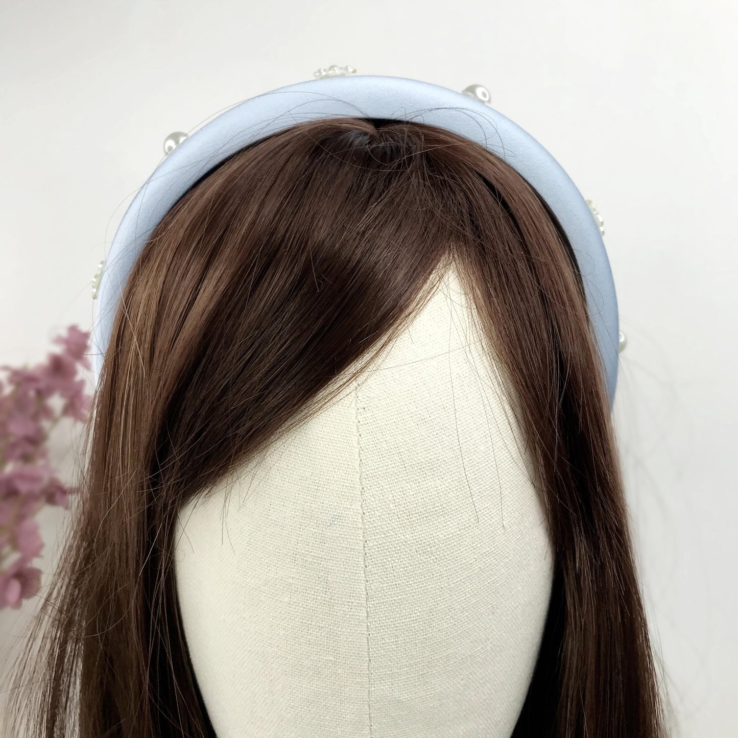 Handmade Powder Blue Satin Faux Cream Pearl Round Circle Floral Flower Statement Headband