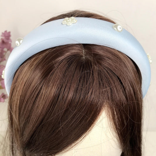 Handmade Powder Blue Satin Faux Cream Pearl Round Circle Floral Flower Statement Headband