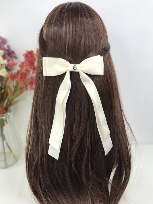 Handmade Cream Satin Vintage Black Small Dainty Victorian Style Cameo Feminine Large Statement Ribbon Bow Hair Clip