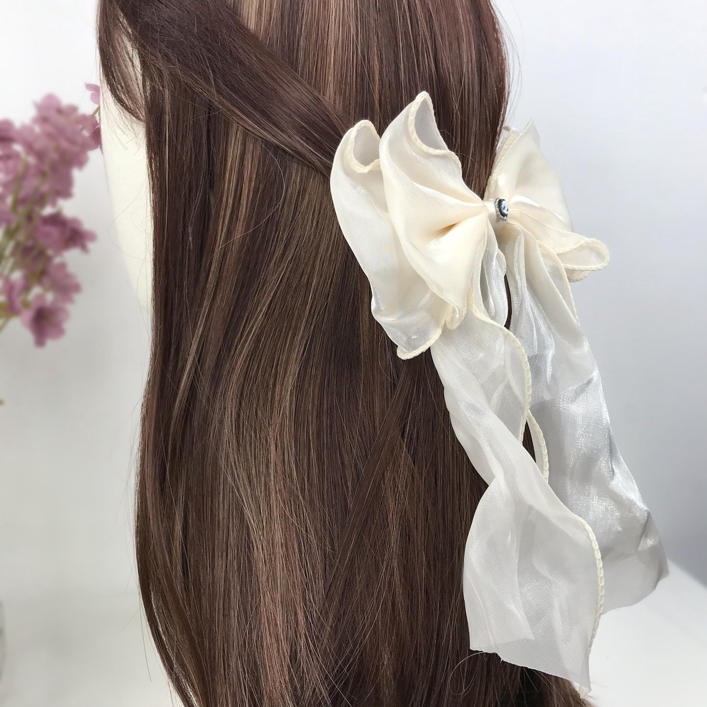 Handmade Cream Satin Small Vintage Black Small Dainty Victorian Style Cameo Feminine Large Statement Ribbon Bow Hair Clip