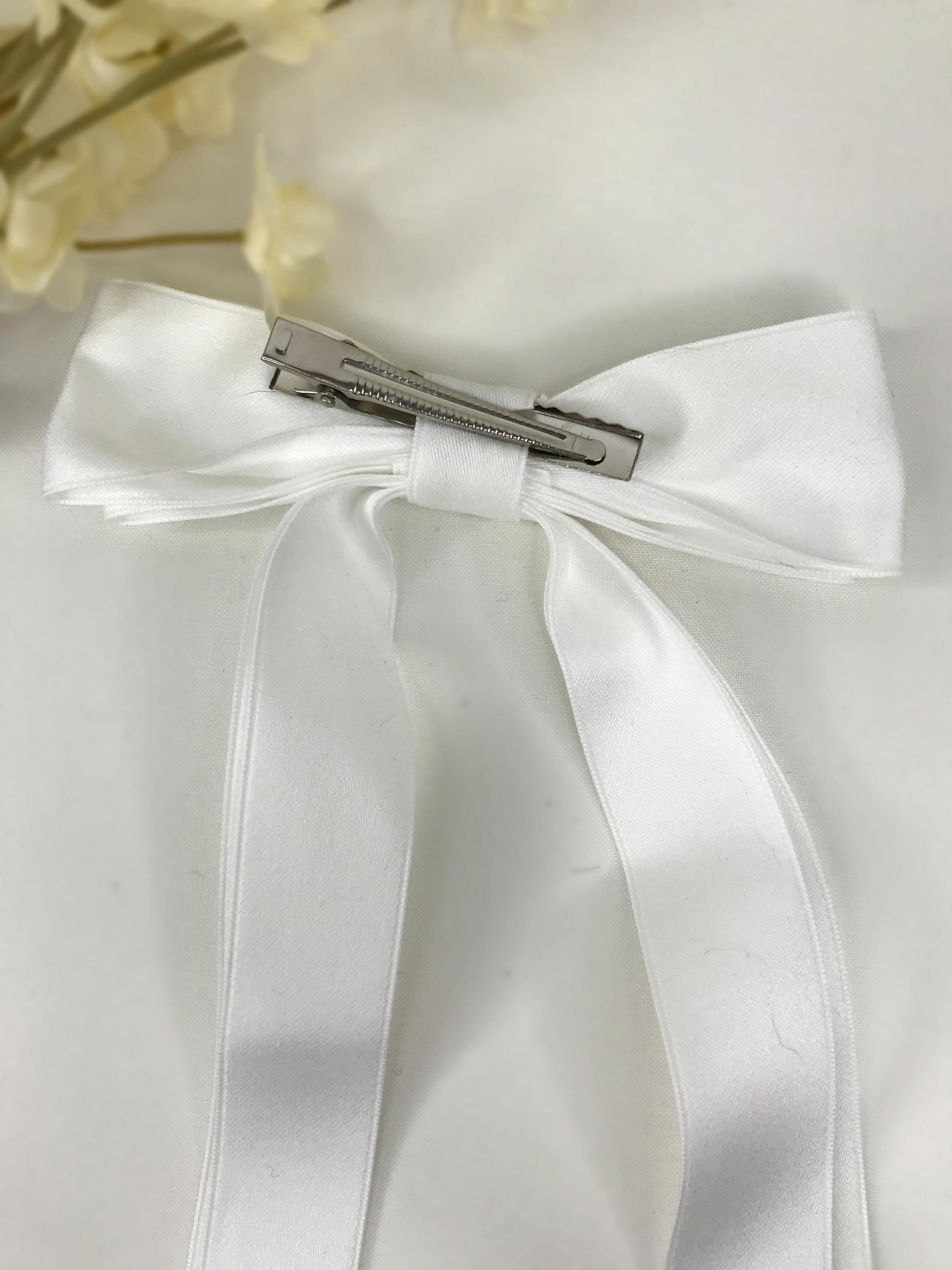 Handmade White Satin Vintage Black Small Dainty Victorian Style Cameo Feminine Large Statement Ribbon Bow Hair Clip