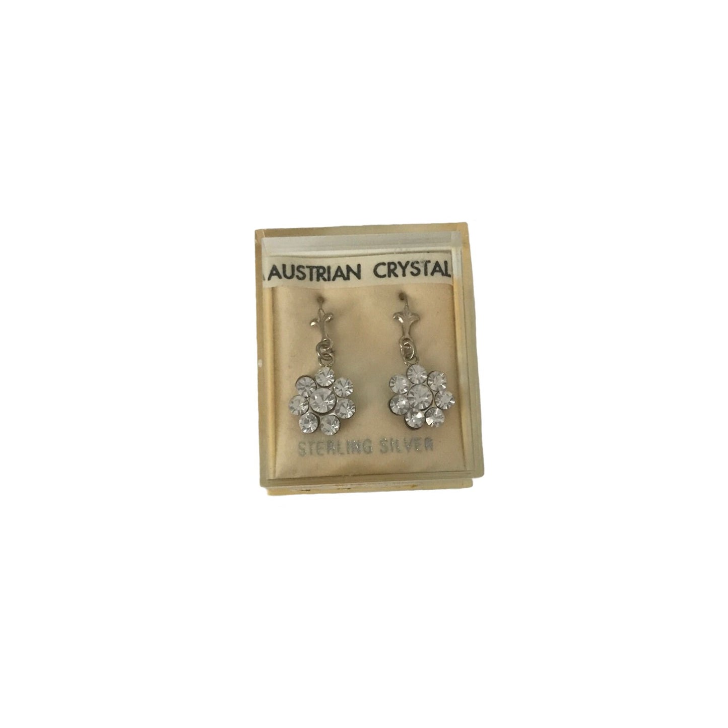 Vintage 1950s Sterling Silver Austrian Clear Crystal Flower Floral Dangly Drop Elegant Small Hook Earrings