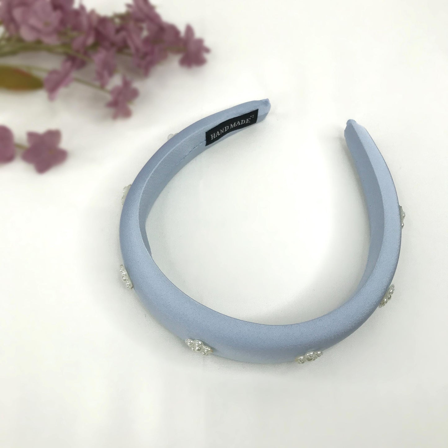 Handmade Powder Blue Satin Faux Cream Pearl Floral Flower Statement Headband
