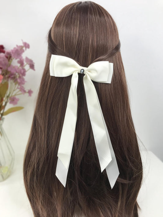 Handmade Beige Satin Vintage Black Small Dainty Victorian Style Cameo Feminine Large Statement Ribbon Bow Hair Clip