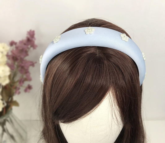 Handmade Powder Blue Satin Faux Cream Pearl Floral Flower Statement Headband