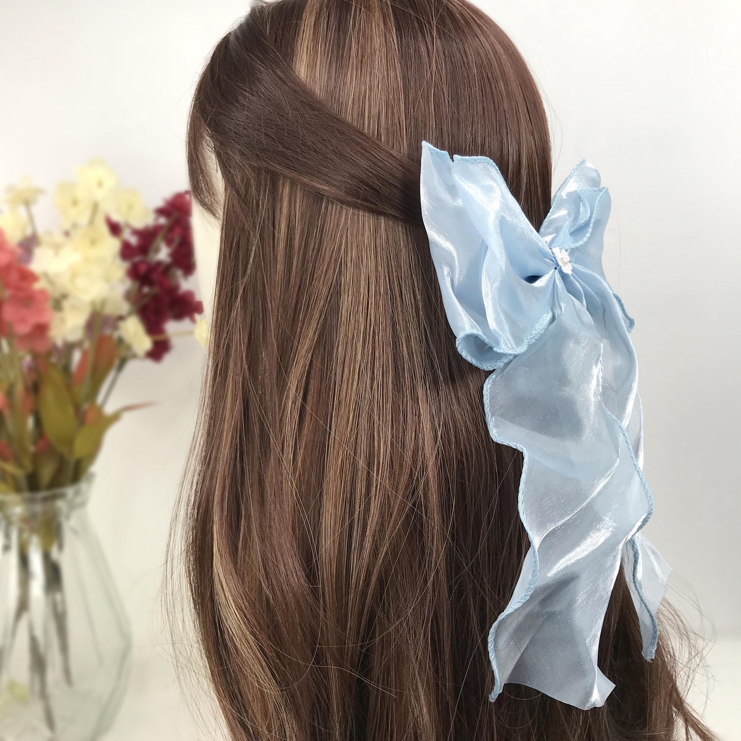 Handmade Light Blue Satin Small White Vintage Lace Floral Flower Cream Faux Pearl Feminine Large Statement Ribbon Bow Hair Clip