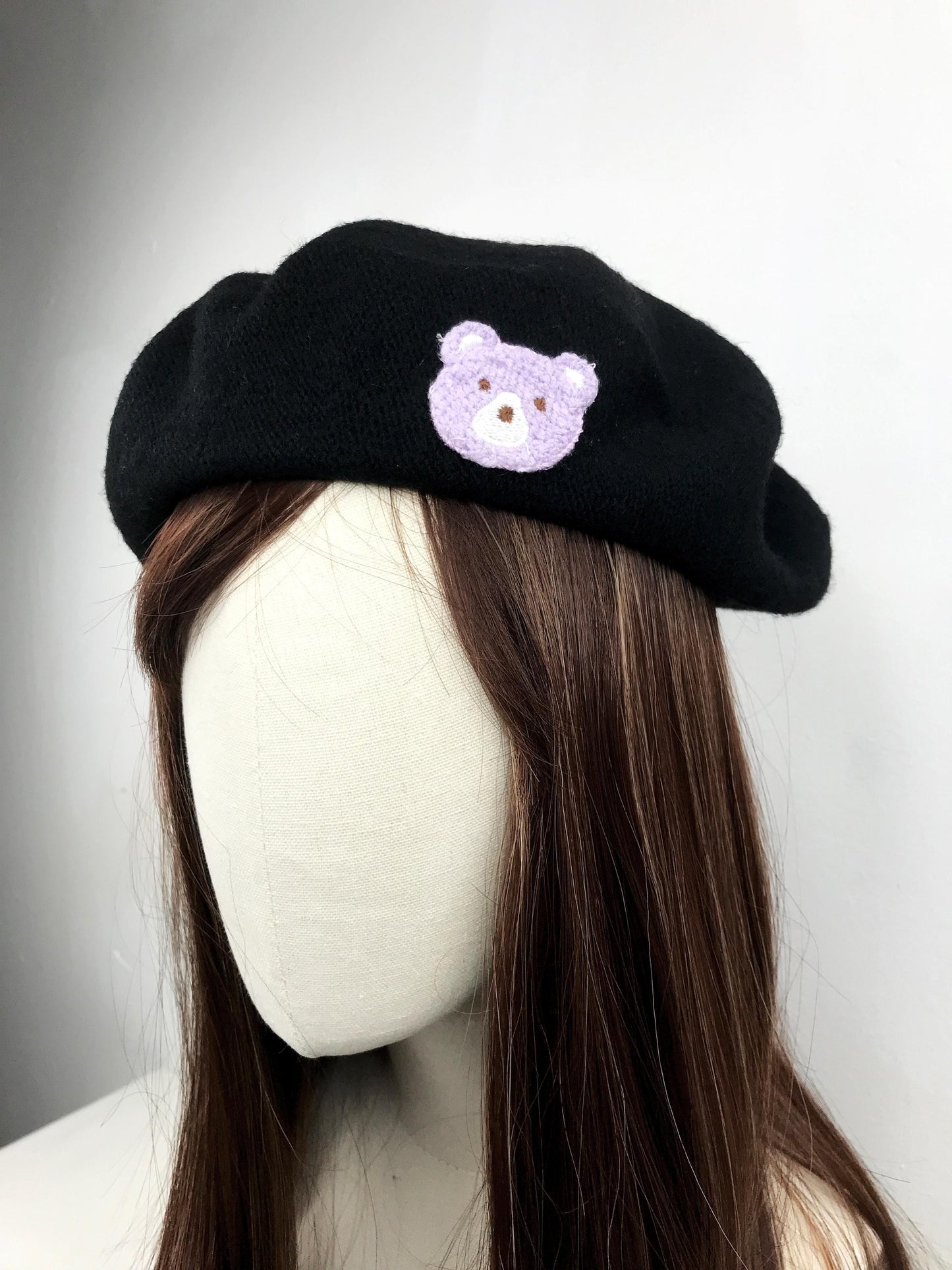 Black Light Purple Wool Teddy Bear Cute French Style Chic Beret Hat