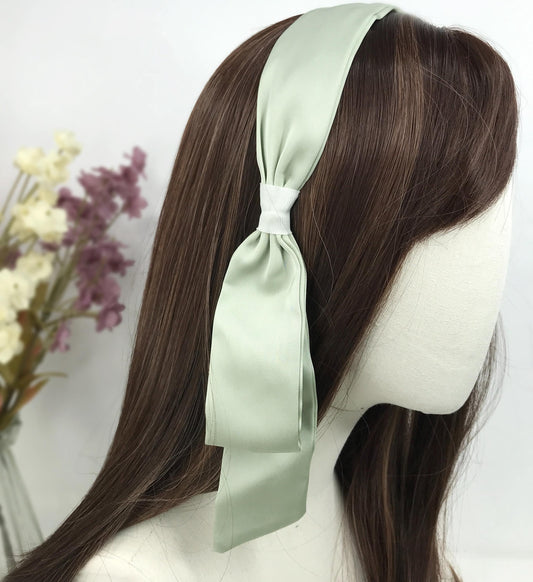 Handmade Sage Green Satin Side Flowing Ribbon Statement Feminine Headband Vintage 60s Audrey Hepburn Inspired