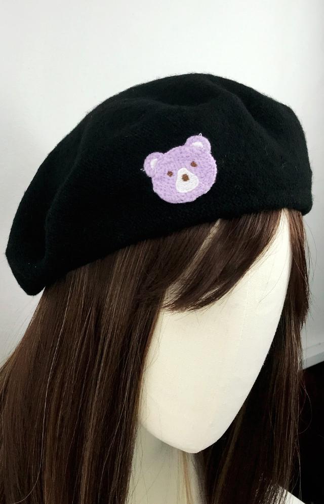 Black Light Purple Wool Teddy Bear Cute French Style Chic Beret Hat