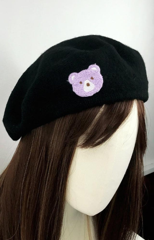 Black Light Purple Wool Teddy Bear Cute French Style Chic Beret Hat
