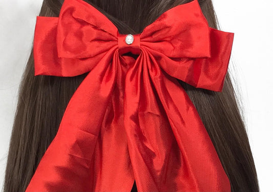 Handmade Red Satin White Small Dainty Victorian Style Cameo Feminine Oversized Large Statement Ribbon Bow Barrette Hair Clip