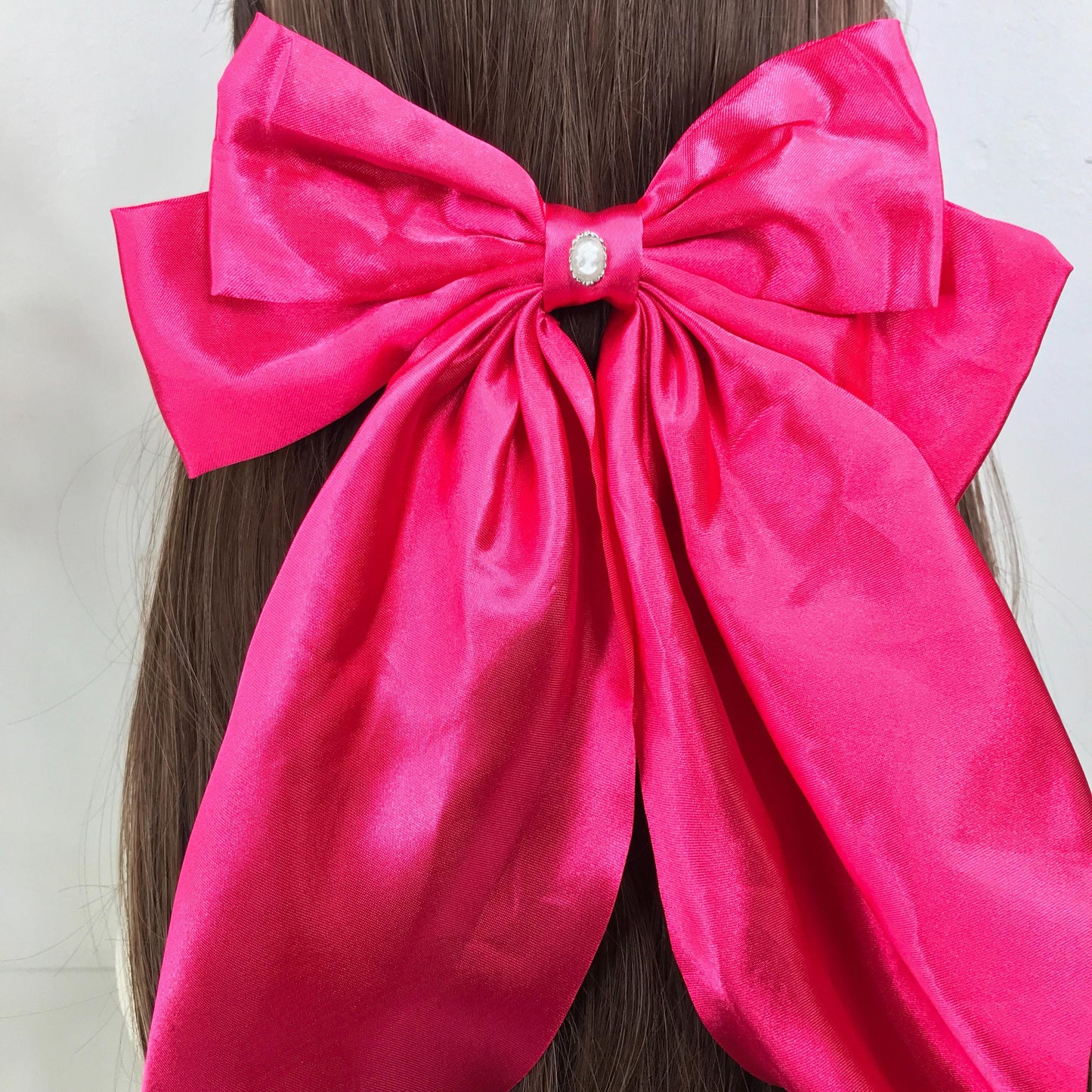 Handmade Hot Pink Satin White Small Dainty Victorian Style Cameo Feminine Oversized Large Statement Ribbon Bow Barrette Hair Clip
