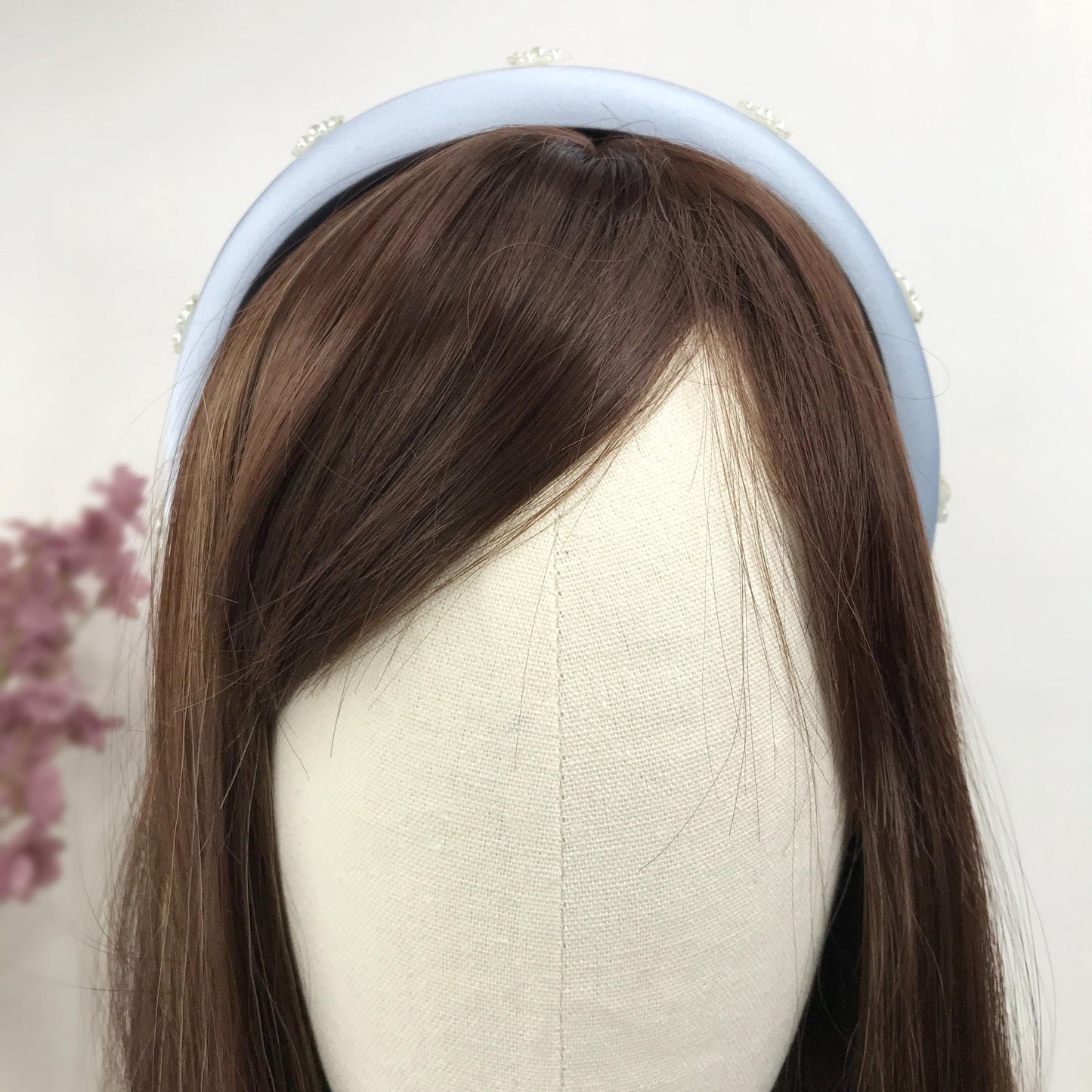 Handmade Powder Blue Satin Faux Cream Pearl Floral Flower Statement Headband