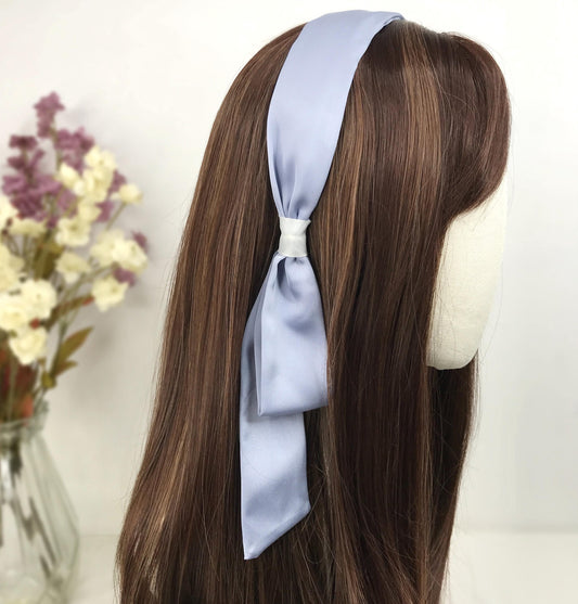 Handmade Periwinkle Blue Satin Side Flowing Ribbon Statement Feminine Headband Vintage 60s Audrey Hepburn Inspired