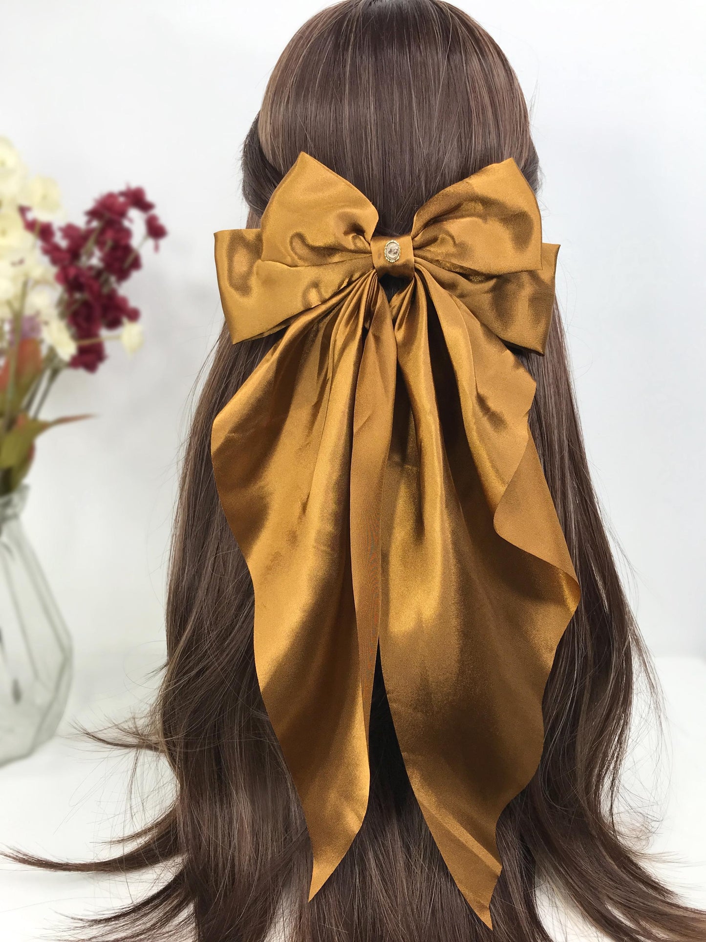 Handmade Caramel Brown Satin Small Dainty Victorian Style Cameo Feminine Oversized Large Statement Ribbon Bow Barrette Hair Clip
