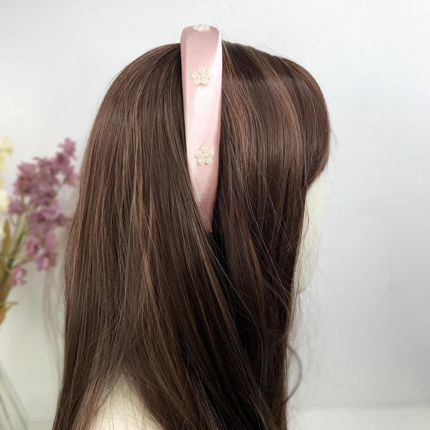 Handmade Light Pink Satin Faux Cream Pearl Floral Flower Feminine Statement Headband