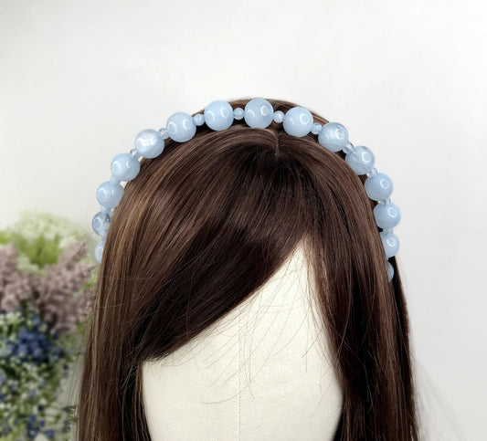 Handmade Powder Blue Round Circle Marble Effect Resin Beads Statement Headband